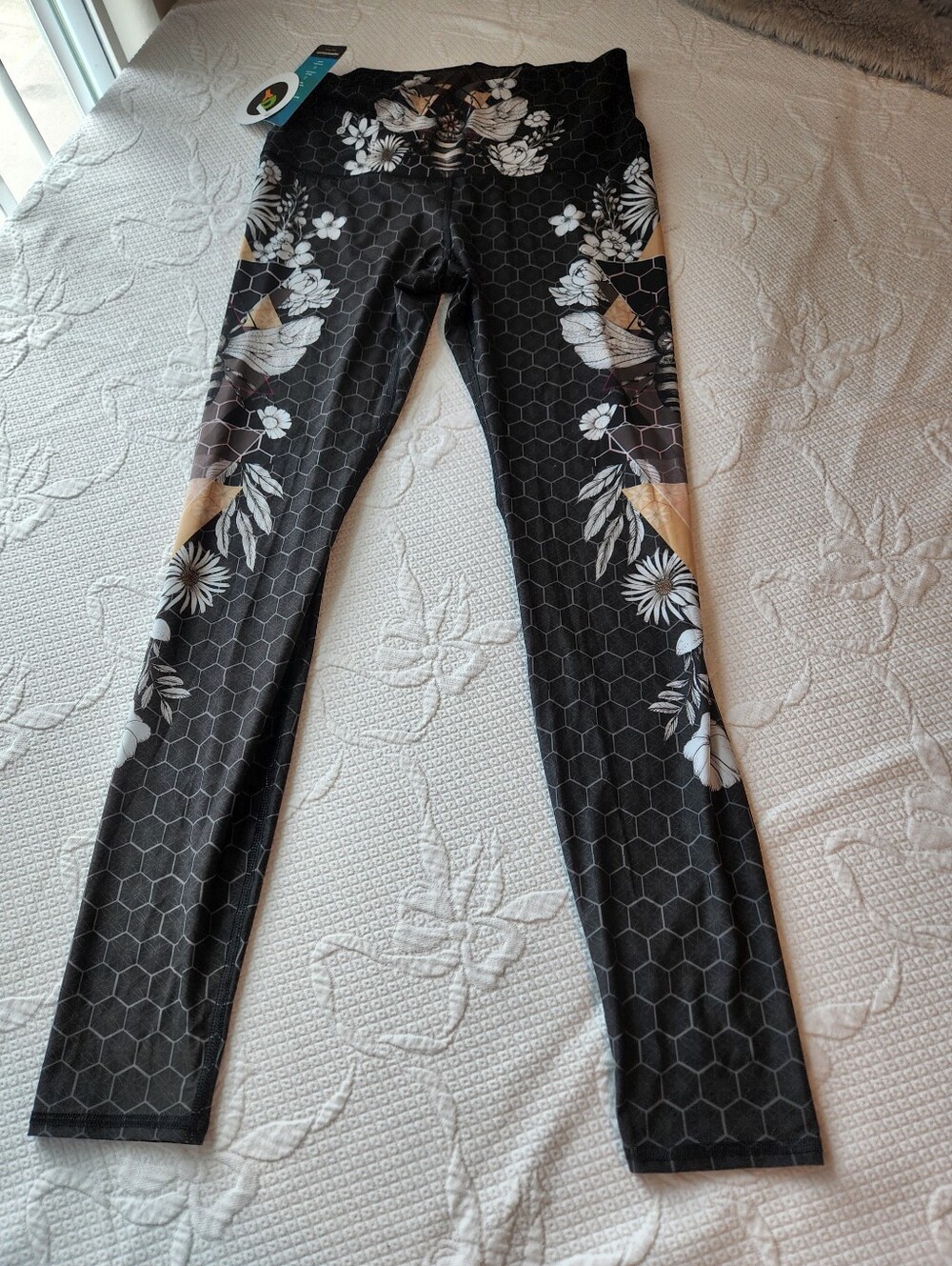 Black Floral Hexagon Print Leggings with Beige Accents